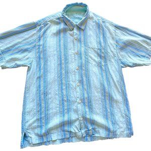 Tommy Bahama !00% Silk Men XL Blue Striped Button Up Down Short Sleeve Shirt